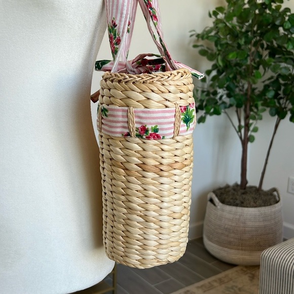 Laura Ashley Vintage Straw Tote Shoulder Bag Pink White Floral Stripe Bow Detail - Picture 14 of 17